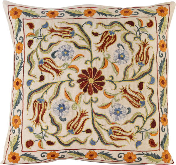 Front view of the luxurious hand-embroidered Orange Tulips and Cornflowers Meadow Silk cushion.
