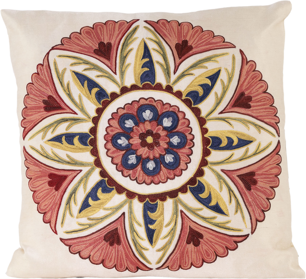 Front view of the luxurious hand-embroidered Pink Floral Medalion Silk cushion.