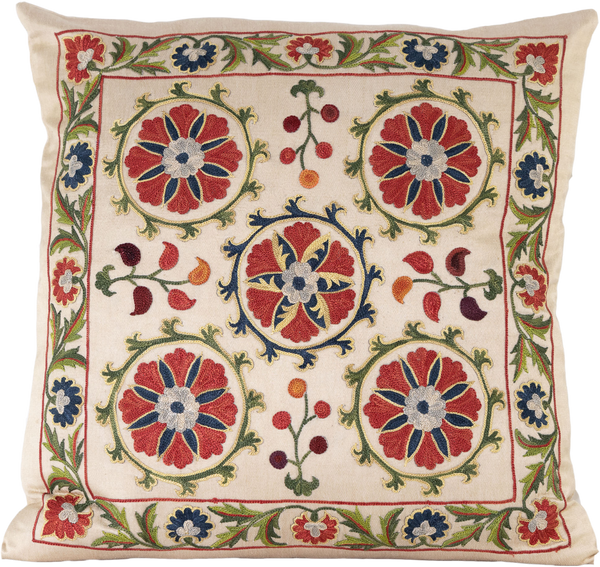 Front view of the luxurious hand-embroidered Poppy Flowers Silk cushion.