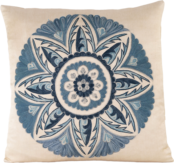 Shop the luxurious hand-embroidered Blue Floral Medallion cushion inspired by original design motifs of Suzanis that have been individually hand-embroidered onto the hand-woven silk-cotton fabric