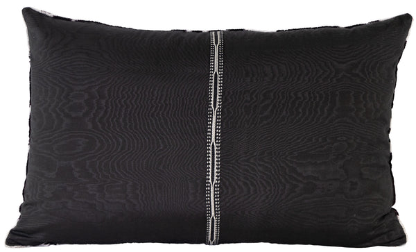 Reverse view of the luxurious hand-woven Silk Velvet Ikat - Silver and Black cushion in black with traditional hand-made central braid.