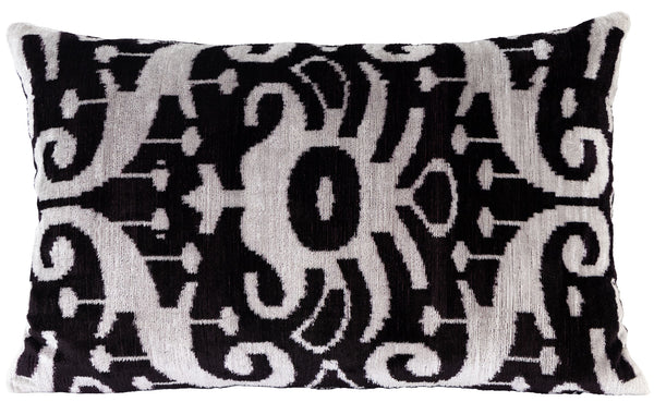 Front view of the luxurious hand-woven Silk Velvet Ikat - Silver and Black cushion.