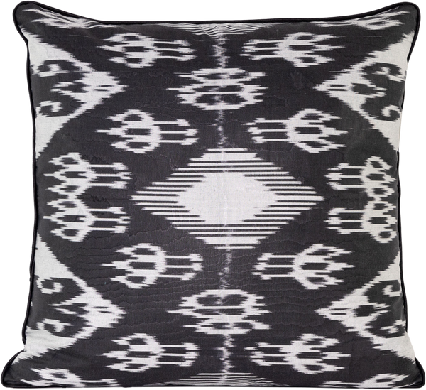 Reversed view of the luxurious hand-woven reversible Silk Velvet Ikat Cushion in Silver with Black dots.
