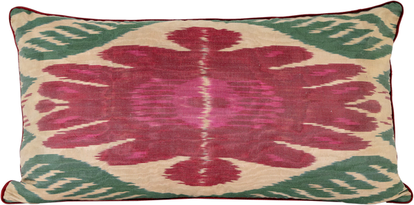 Reversed view of the luxurious hand-woven reversible Silk Velvet Ikat Cushion in Red, Green and Cream.