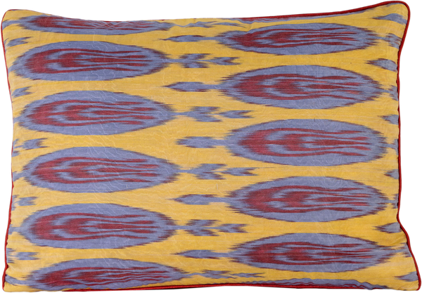 Front view of the luxurious hand-woven Silk Ikat - Yellow, Blue and Maroon cushion.