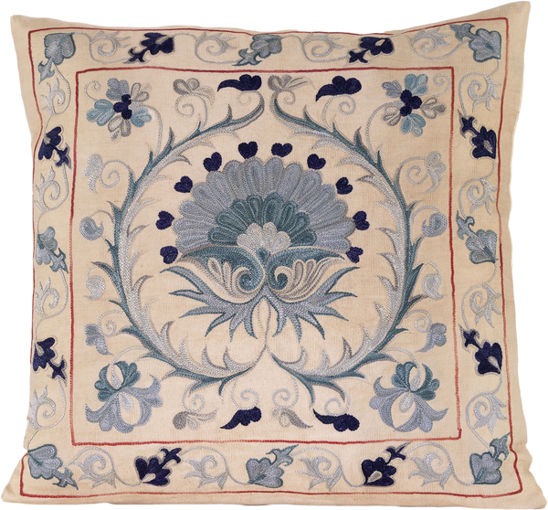 Front view of the luxurious hand-embroidered Blue Blossom Flower Silk cushion in various shades of blue on a cream background.