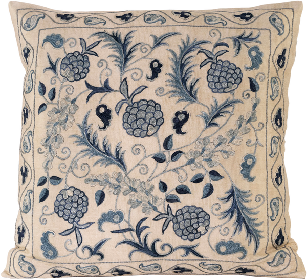 Front view of the luxurious hand-embroidered Blue Fruit Vine Silk cushion.