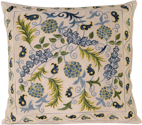 Front view of the luxurious hand-embroidered Blue and Green Fruit Vine Silk cushion in blue and green.