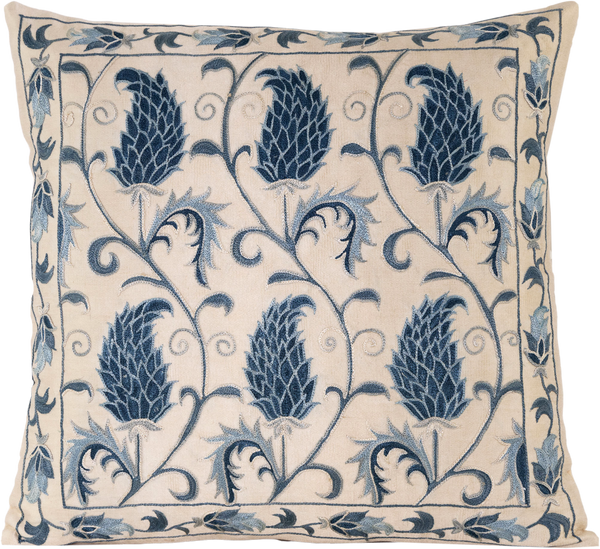 Front view of the luxurious hand-embroidered Blue Floral Vine Silk cushion.