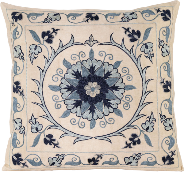 Front view of the luxurious hand-embroidered Blue Central Passion Flower Silk cushion.