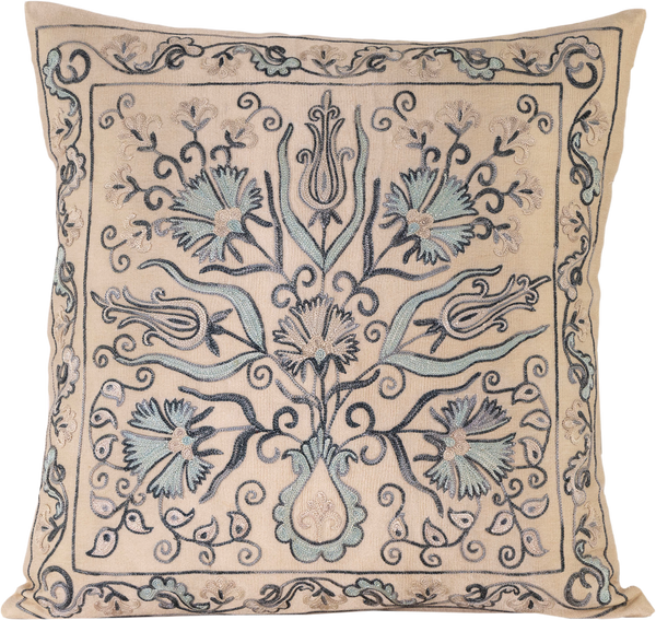 Front view of the luxurious hand-embroidered Blue Carnations and Tulips Bouquet Silk cushion.