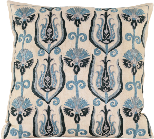 Front view of the luxurious hand-embroidered Blue Carnation and Tulip Flowers Silk cushion in various shades of blue in a cream background.