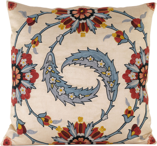 Front view of the luxurious hand-embroidered Clematis Vine with Red Flowers Silk cushion.