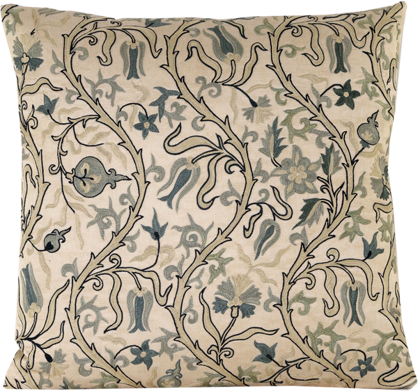 Front view of the luxurious hand-embroidered Green Pomegranate Vine   Silk Ikat cushion.