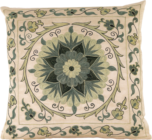 Front view of the luxurious hand-embroidered Green Pasion Flower Silk cushion.