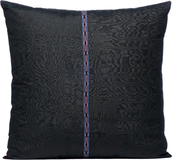 Reversed view of the beautiful Pink Pomegranate Silk Ikat Square cushion made with a traditional hand-made central braid.