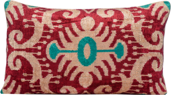 Front view of the luxurious hand-woven reversible Silk Velvet Ikat Cushion in Red, Green and Cream.
