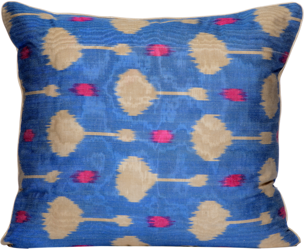 Front view of the beautiful Blue with Beige and Pink Drops Silk Ikat cushion made with fabric that is hand-woven and hand-dyed.