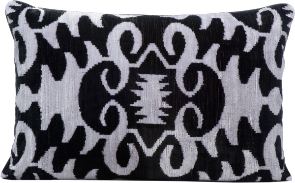 Front view of the luxurious hand-woven reversible Silk Velvet Ikat Cushion in Black and White.