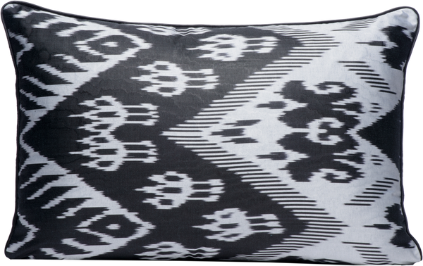 Reversed view of the luxurious hand-woven reversible Silk Velvet Ikat Cushion in Black and White.