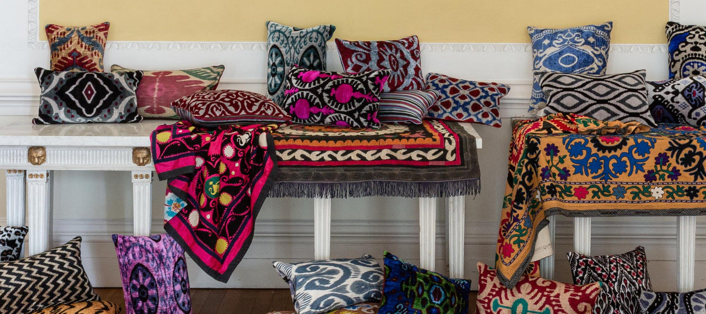 View of the luxurious hand-woven Silk Velvet Ikat cushions.
