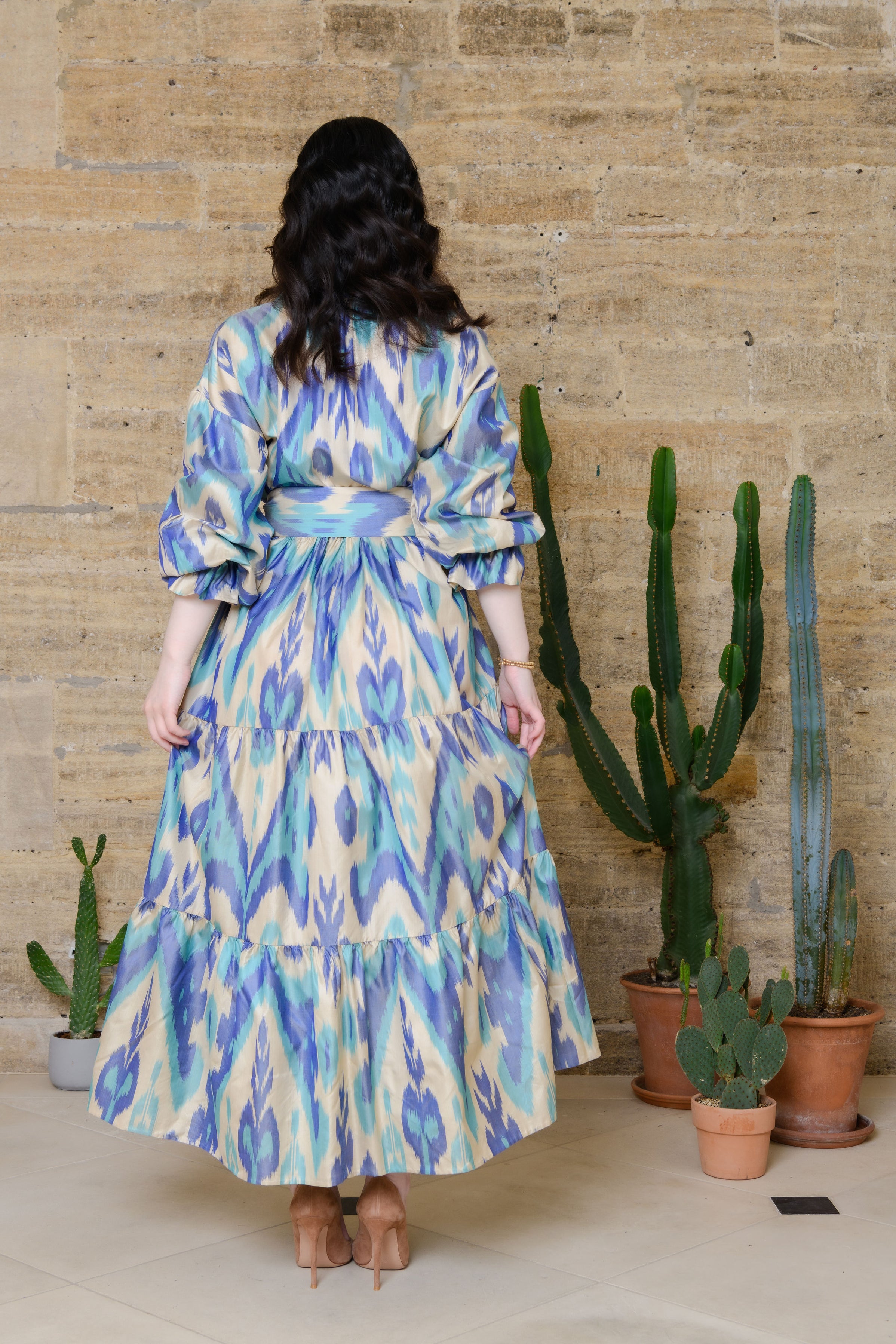 Black ikat silk pleated dress