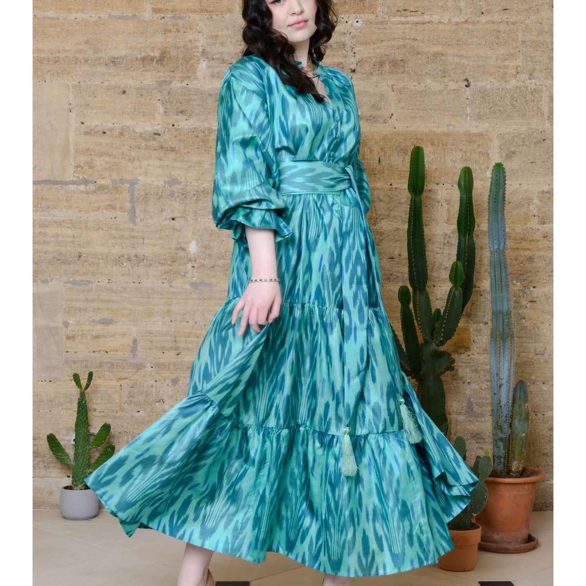 Hikaru Cotton Silk Trapeze V-Neck Belted Dress main image 0