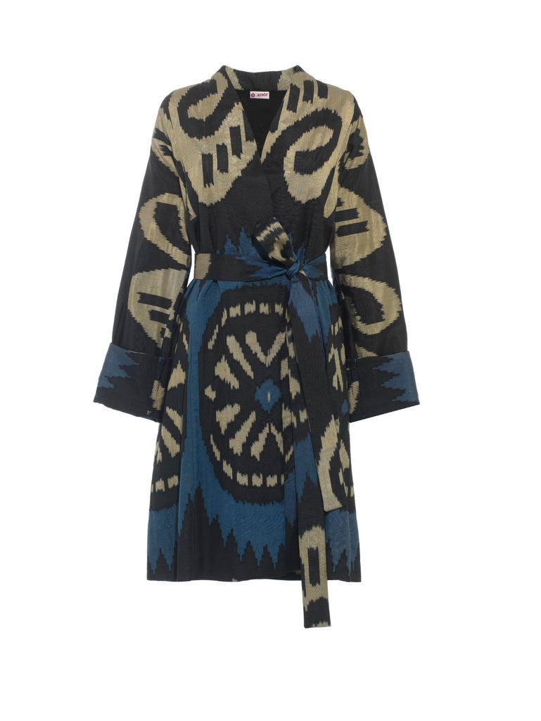 Full view of the hand woven Silk Ikat Chapan Coat - Aziza with a 100% silk lining
