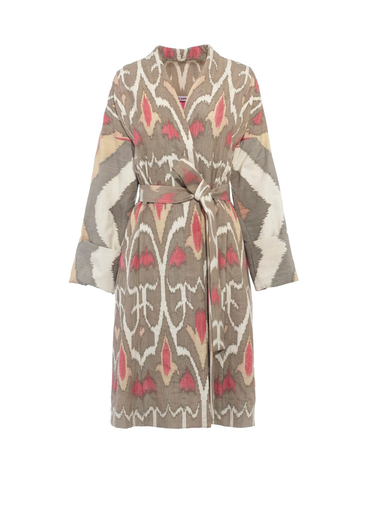 Front view of the beautiful Silk Ikat Coat - Shirin ‘Sweet’ inspired by the traditional Uzbek Chapan