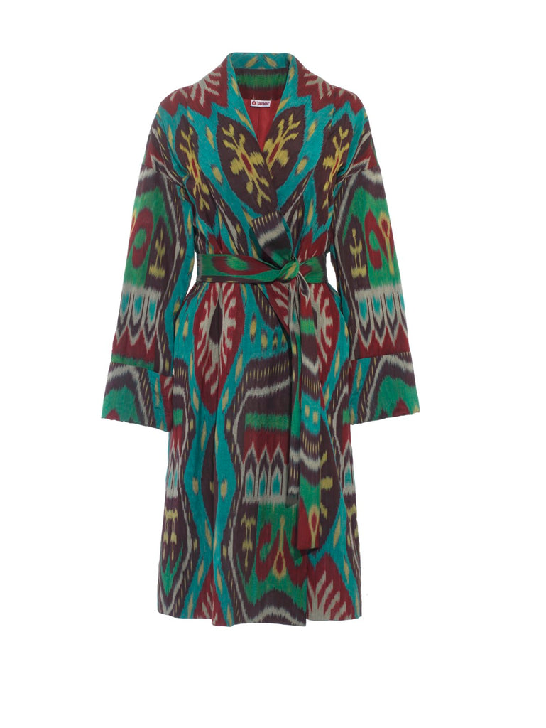 Front belted view of the Silk Ikat Shawl Coat - Feruza