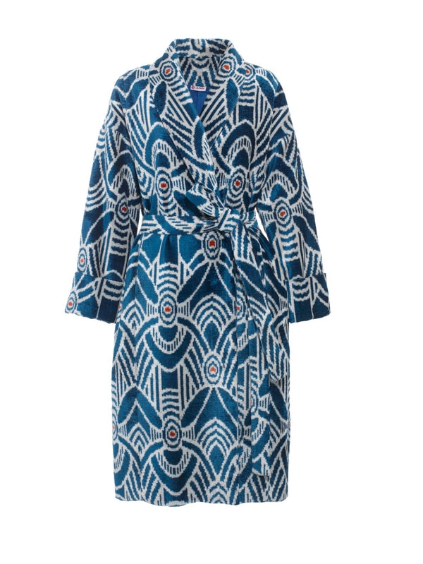 Front belted view of the Silk Velvet Ikat Shawl Coat - Camila
