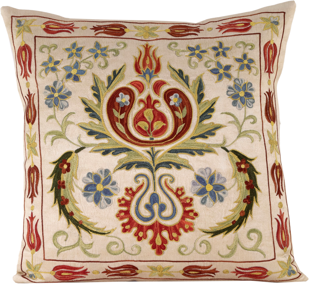 Front view of the luxurious hand-embroidered Red Tulips Silk cushion.