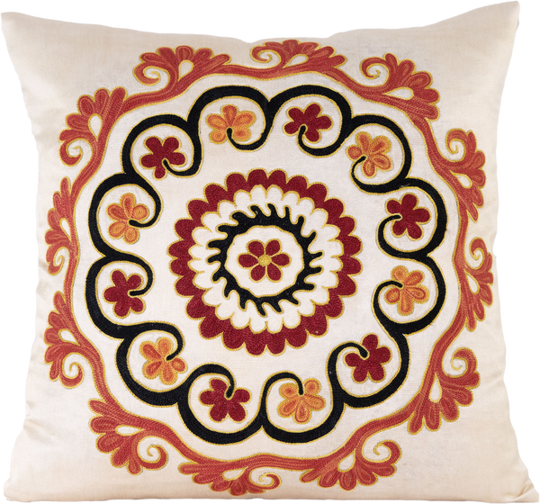 Front view of the luxurious hand-embroidered Arabesque Floral Medallion Silk cushion in maroon, black and gold.