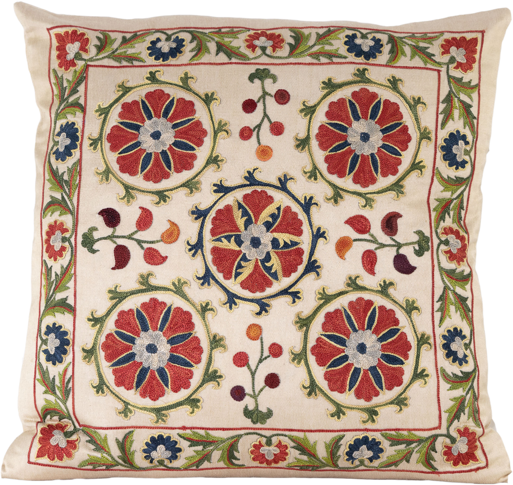Front view of the luxurious hand-embroidered Poppy Flowers Silk cushion.