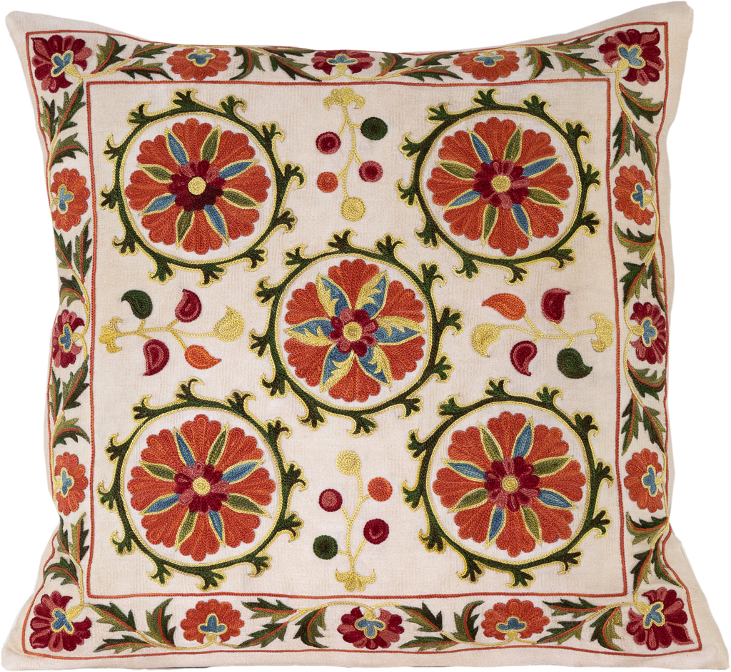 Front view of the luxurious hand-embroidered Orange Poppy Flowers Silk cushion.