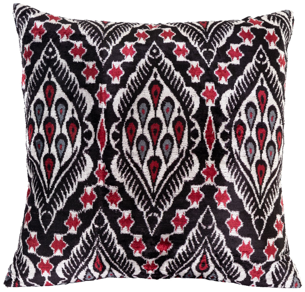 Stunning Rose, Silver and Black Ikat cushions are made from hand-woven and hand-dyed silk velvet fabric, known in Uzbekistan as Bakhmal.