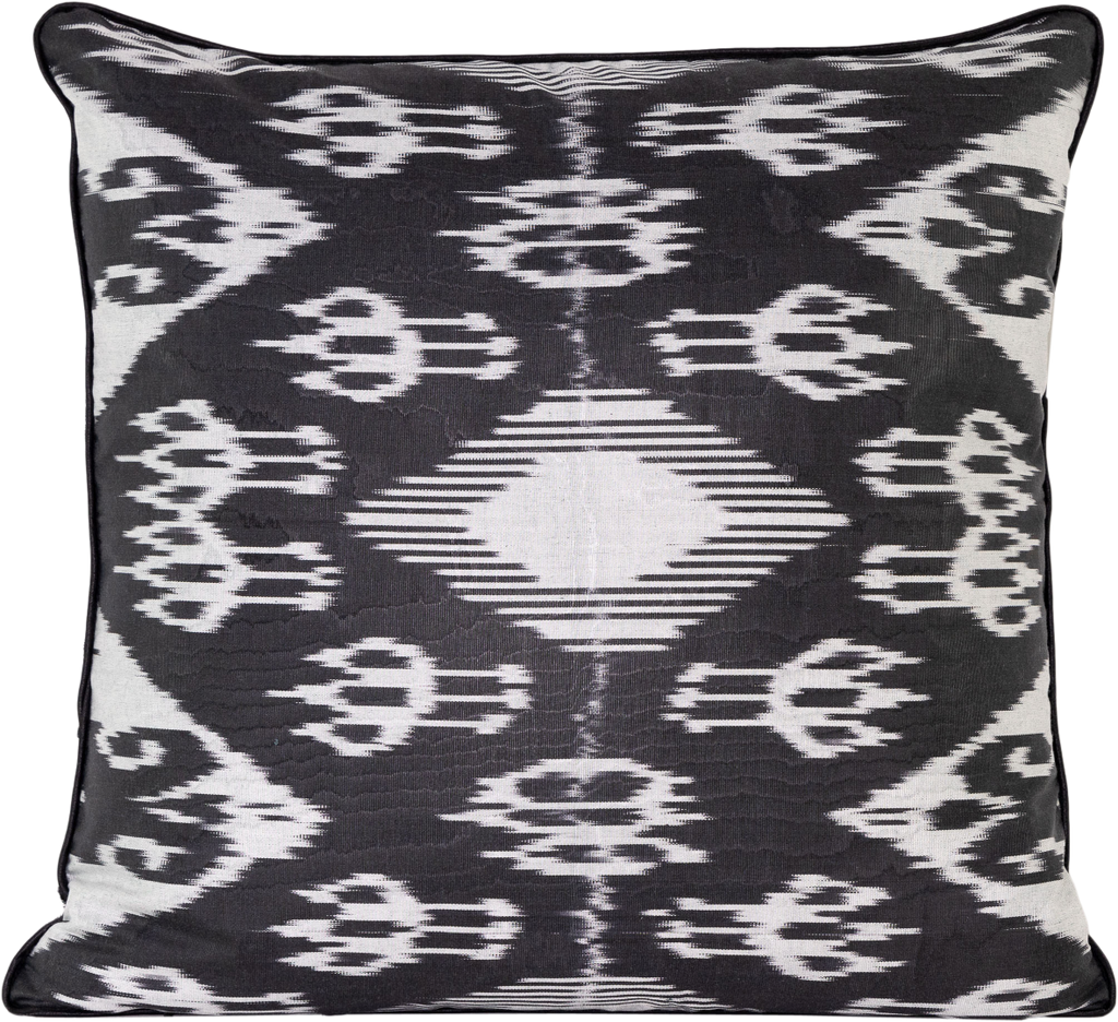 Reversed view of the luxurious hand-woven reversible Silk Velvet Ikat Cushion in Silver with Black dots.