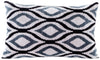 Front view of the luxurious hand-woven Silk Velvet Ikat - Silver, Blue and Black cushion.