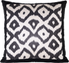 Front view of the hand woven Silk Ikat Cushion with black and white geometric pattern.