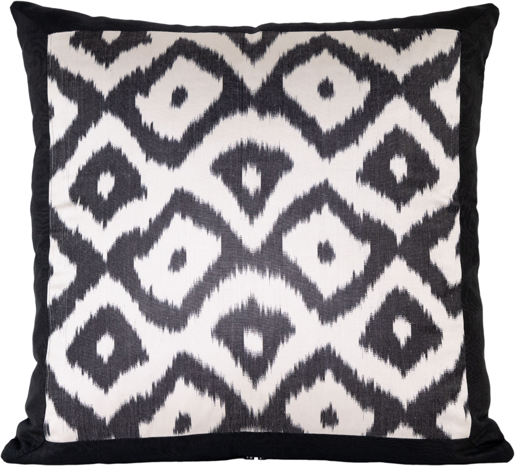 Front view of the hand woven Silk Ikat Cushion with black and white geometric pattern.