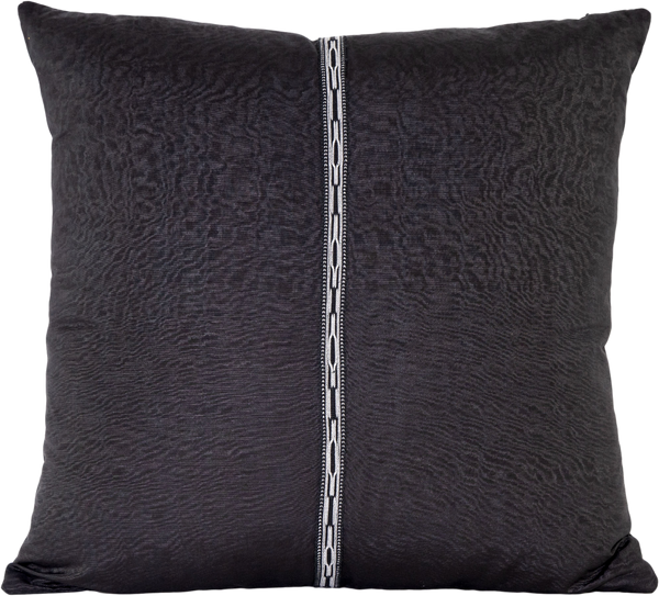 Reversed view of the beautiful Black and White Chevron Pattern Silk Ikat square cushion in black with a traditional hand-made central braid.