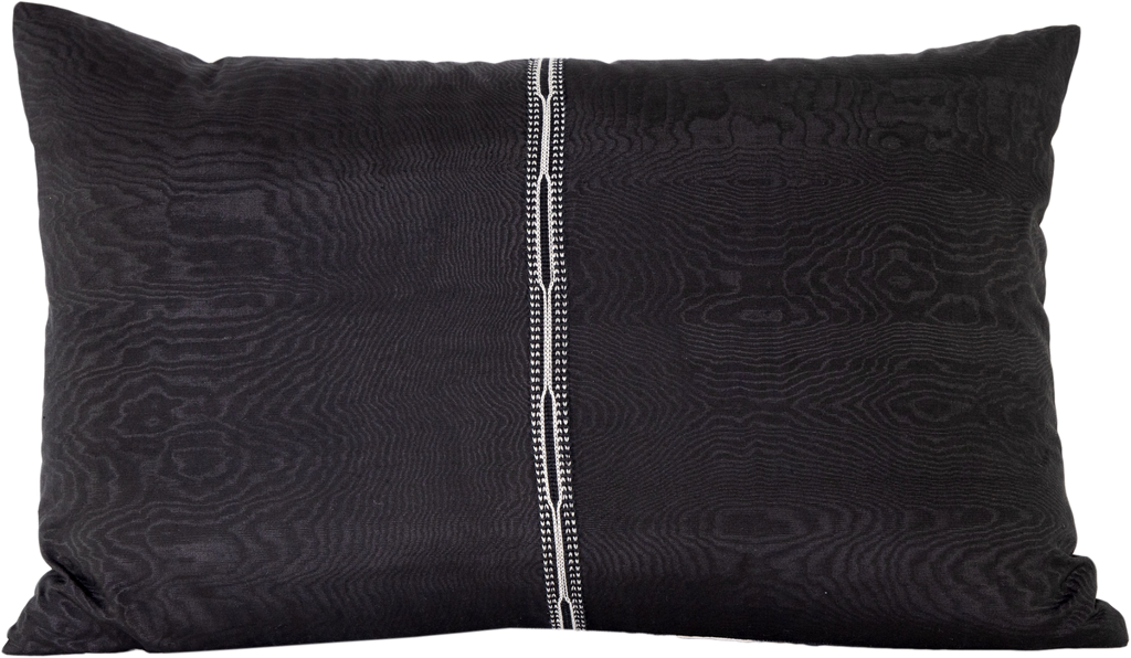 Reversed view of the beautiful Black and White Chevron Pattern Silk Ikat rectangle cushion in black with a traditional hand-made central braid.