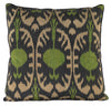 Front view of the luxurious hand-woven Silk Ikat  - Green Pomegranate cushion.