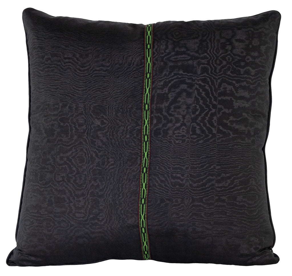 Reverse view of the luxurious hand-woven Silk Ikat  - Green Pomegranate cushion with a traditional hand-made central braid. 