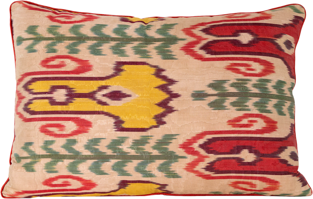 Reversed view of the hand woven reversible Silk Ikat Cushion - Multicoloured Horn & Earring Pattern with red pipping.