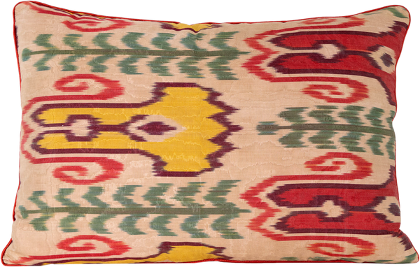 Reversed view of the hand woven reversible Silk Ikat Cushion - Multicoloured Horn & Earring Pattern with red pipping.