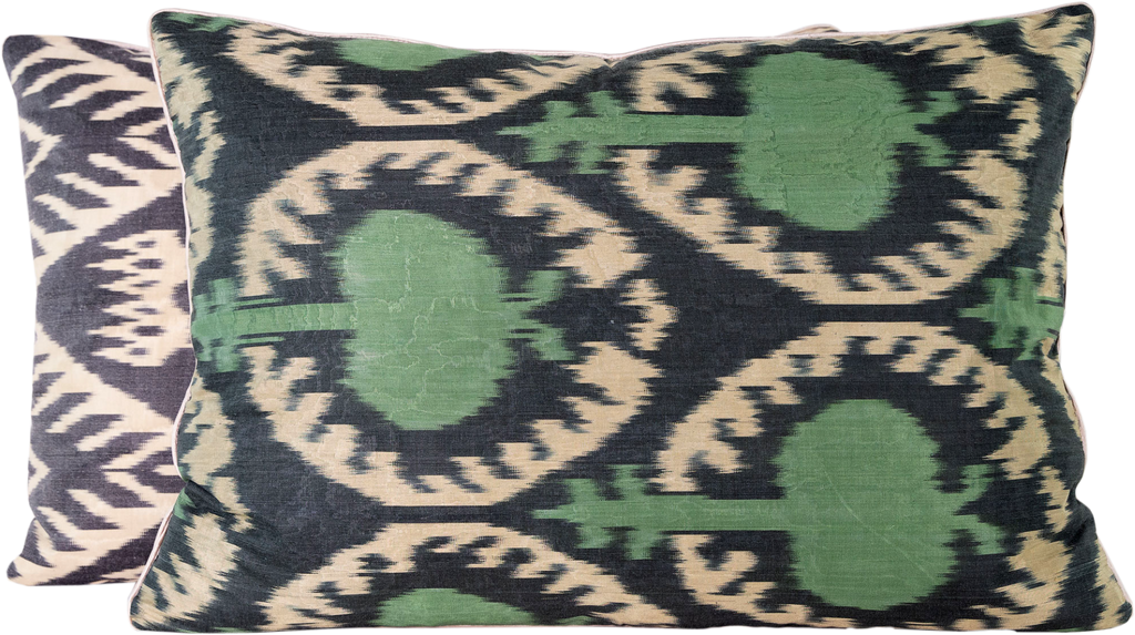 Front and back view of the beautiful Sage Green Pomegranate Silk Ikat Cushion.