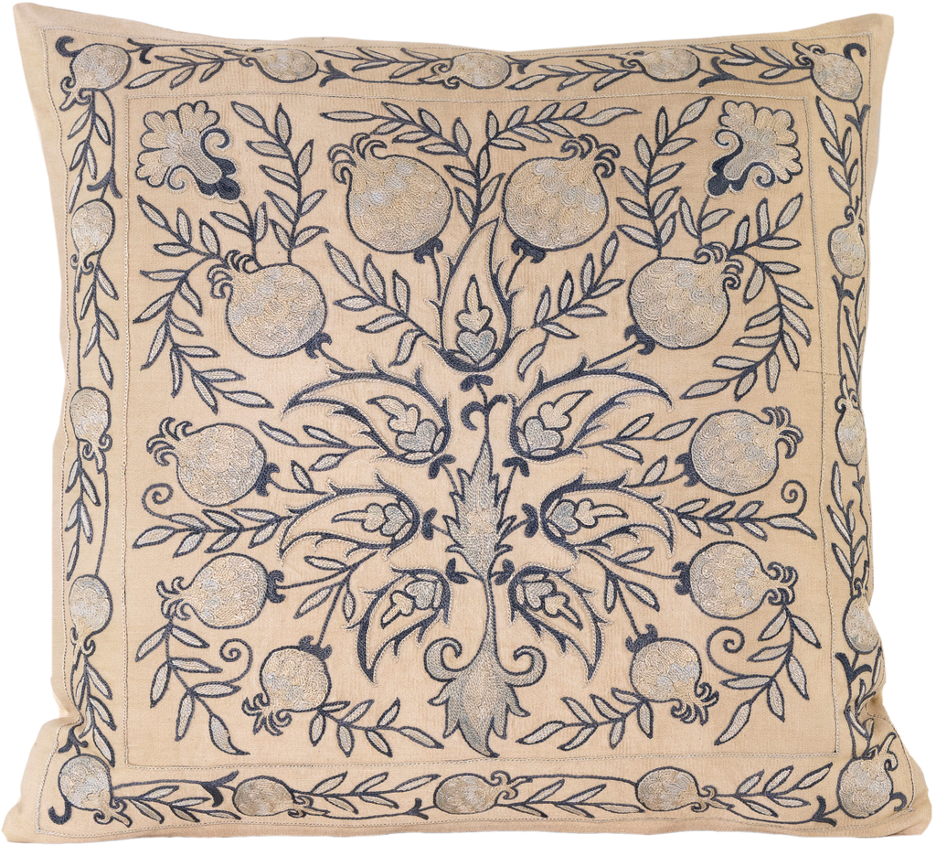 Beautiful hand-embroidered Silk Ikat Cushion in cream  with blue pomegranate iconography.