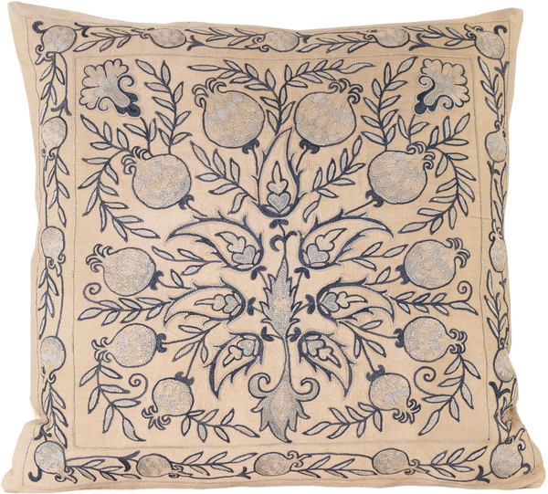 Beautiful hand-embroidered Silk Ikat Cushion in cream  with blue pomegranate iconography.