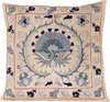 Front view of the luxurious hand-embroidered Blue Blossom Flower Silk cushion in various shades of blue on a cream background. 